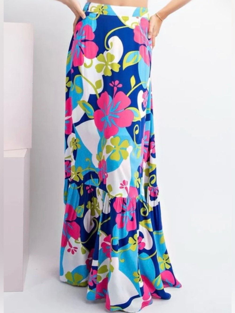 eesome Floral Maxi Skirt in Blue, Pink & Green